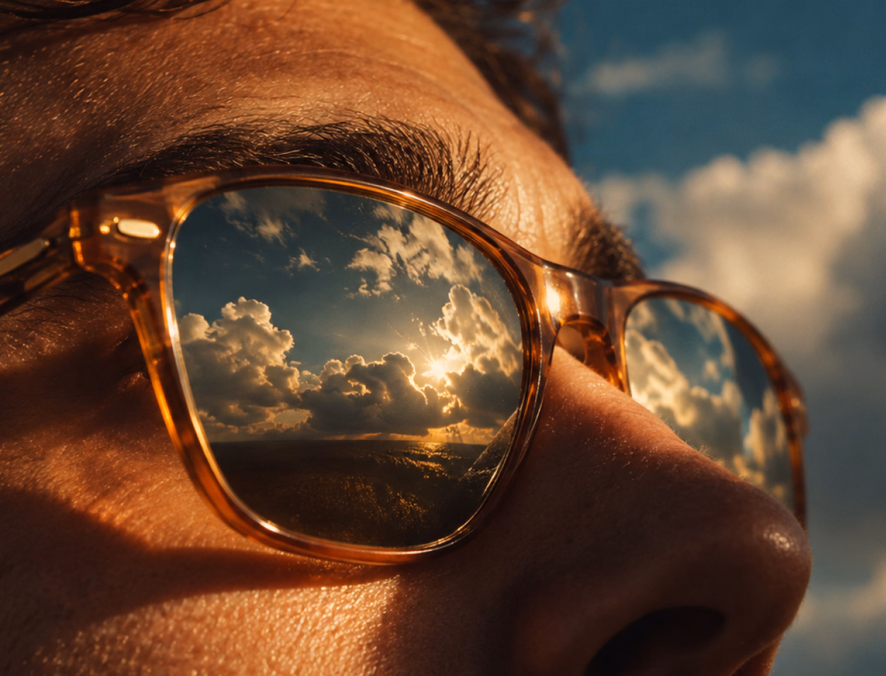 Close-up of a man in amber sunglasses, a cloudy sky reflected in the lenses.