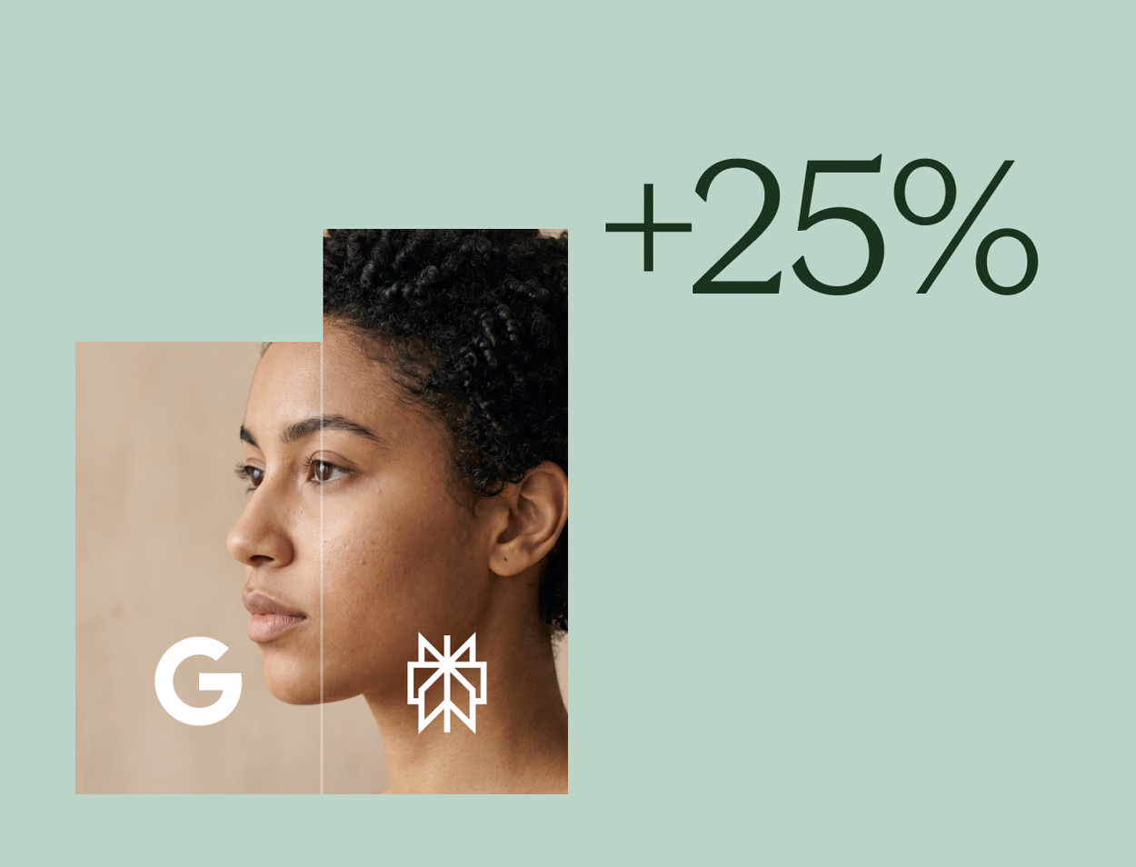 A woman in profile beside the Google and Perplexity marks, under the figure +25%.