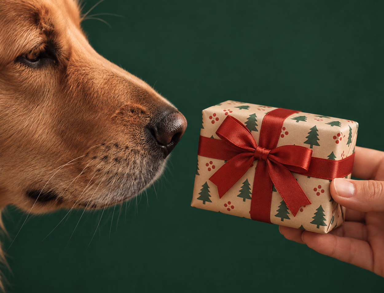 A golden retriever sniffs a small wrapped gift held out against a green wall.