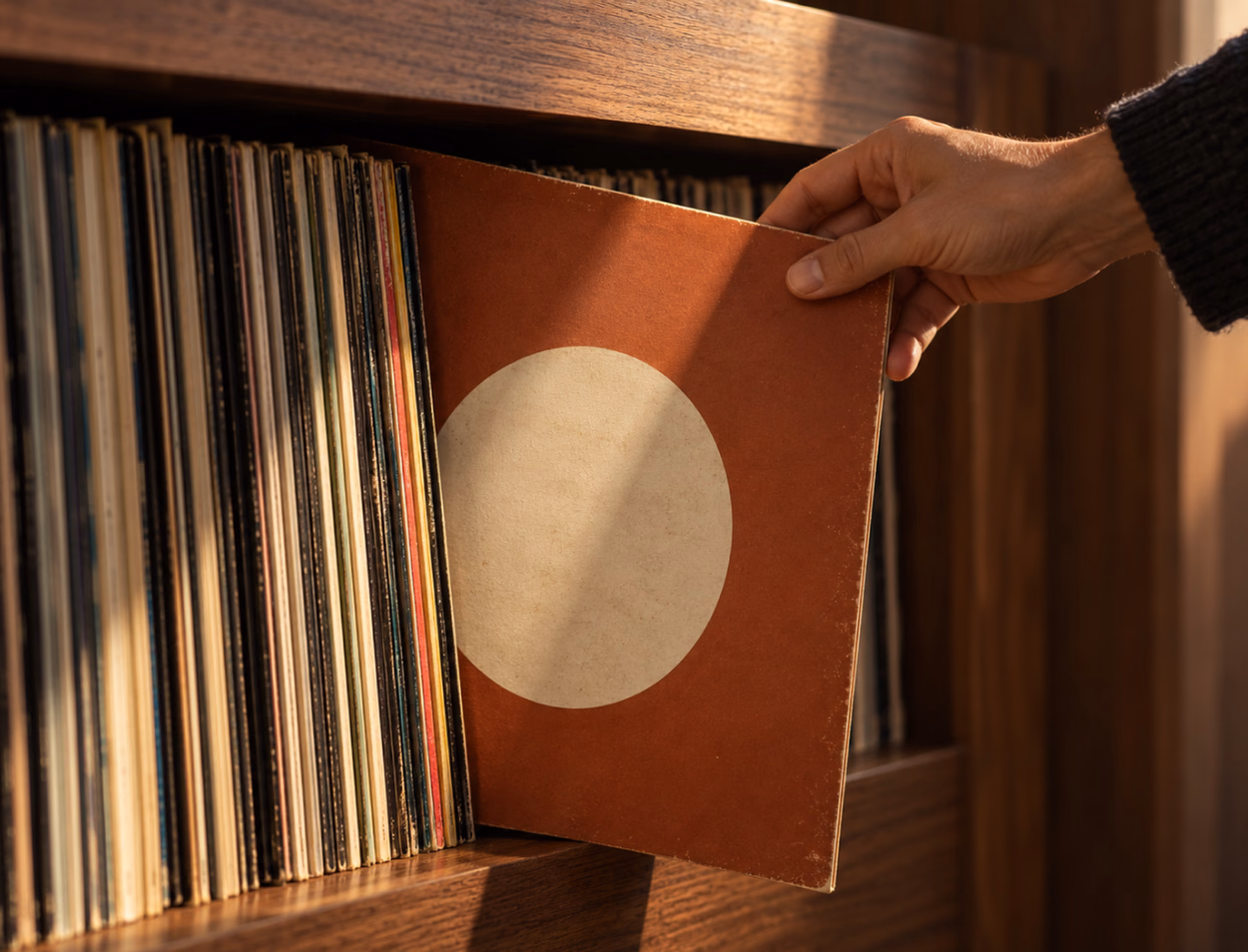A hand pulls a rust-coloured record sleeve from a shelf of vinyl.