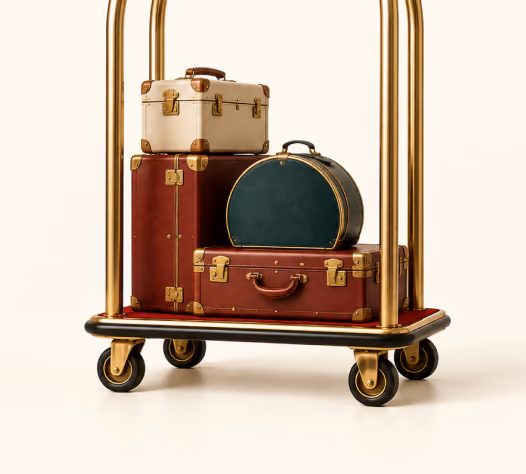 A brass hotel luggage trolley stacked with vintage suitcases and a round hatbox.