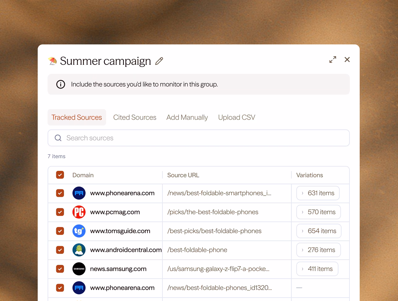 A “Summer campaign” group of tracked sources — phonearena.com, pcmag.com, tomsguide.com, androidcentral.com and news.samsung.com — each with its source URL and how many variations it has.