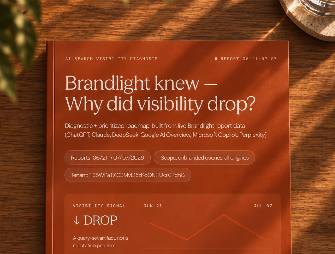 A rust-red printed report on a wooden table in late sun, titled “Brandlight knew — Why did visibility drop?”: a diagnostic and prioritized roadmap built from live Brandlight report data, its visibility signal marked “Drop”.