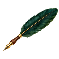 A green feather quill pen with a gold nib.