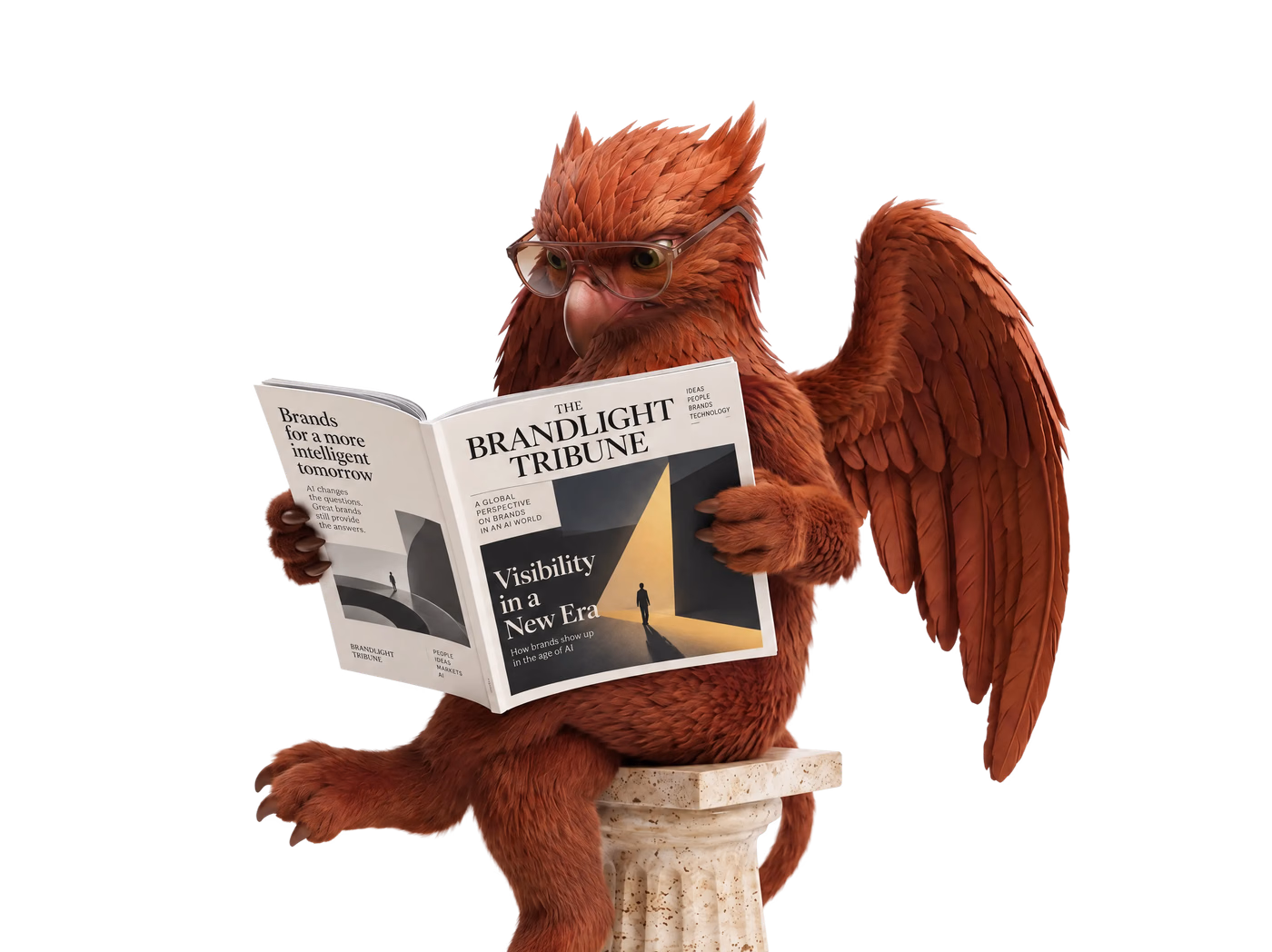 A red griffin in reading glasses, perched on a stone column, reading a copy of The Brandlight Tribune.